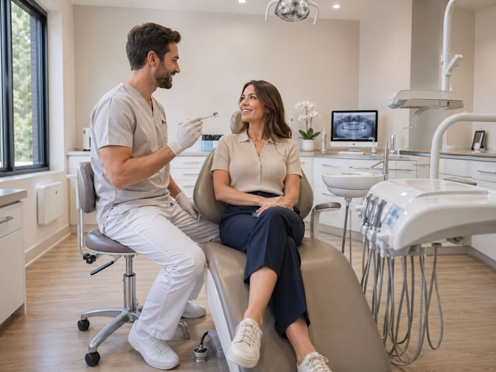 Dentista en consulta con paciente en clínica dental REIDENT